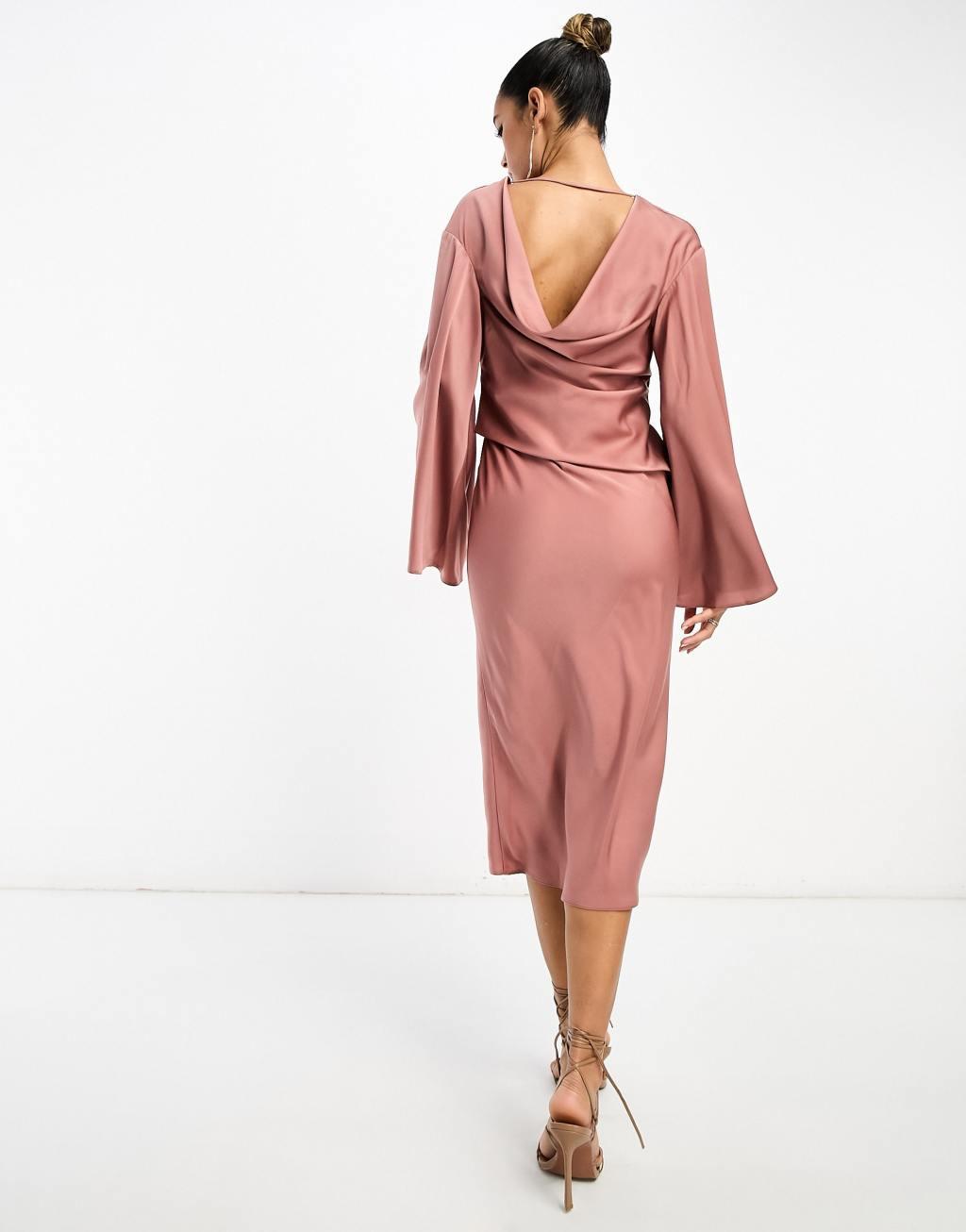 ASOS DESIGN satin batwing midi dress with drape bodice detail in toffee Product Image