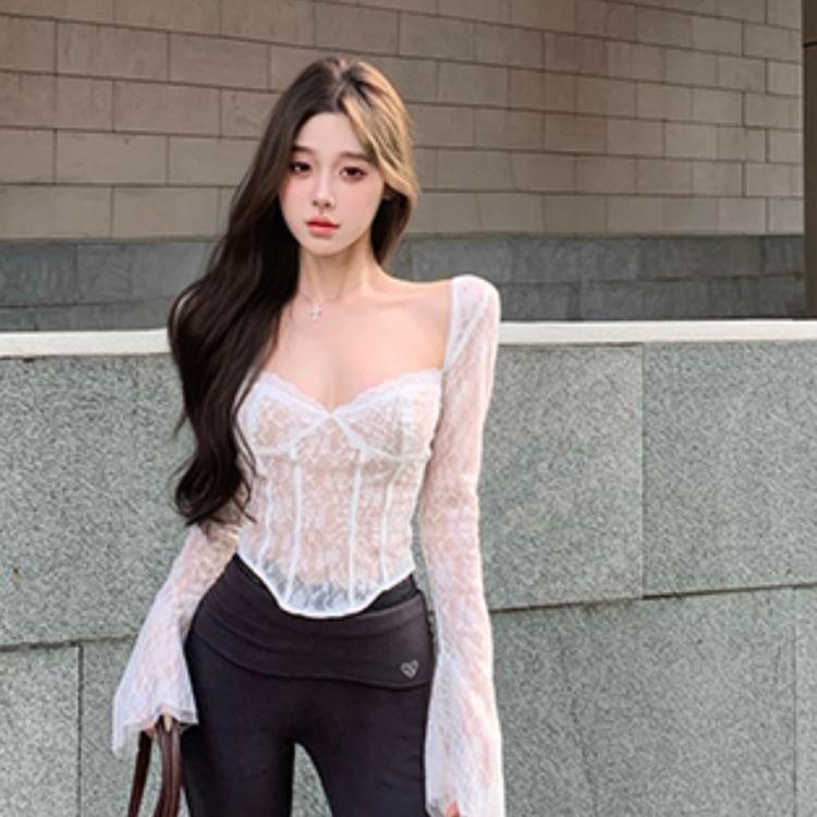 Long-Sleeve V-Neck Lace Crop Top product image