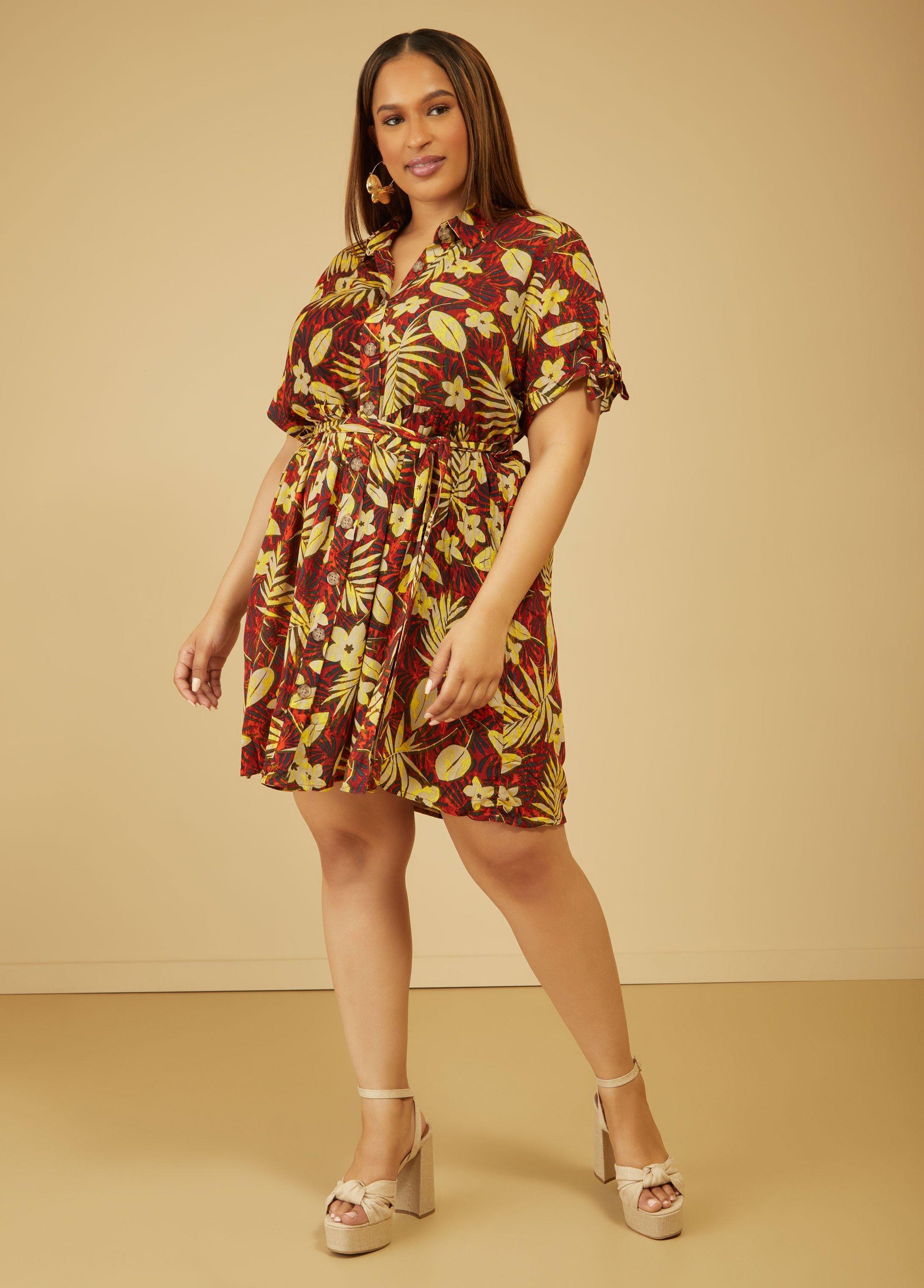 Tropical Print Gauze Shirtdress Product Image