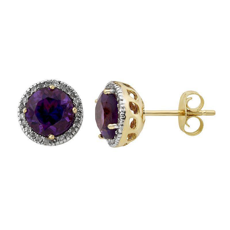 Amethyst 10K Gold and 1/8 Carat T.W. Diamond Round-Cut Halo Stud Earrings, Womens, White Product Image