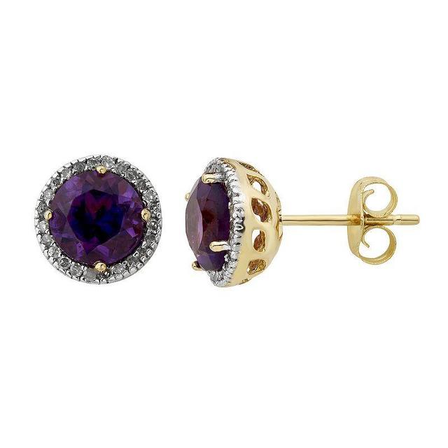 Amethyst 10K Gold and 1/8 Carat T.W. Diamond Round-Cut Halo Stud Earrings, Womens, Purple Product Image