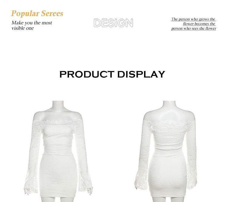 Long Sleeve Off Shoulder Plain Lace Mini Sheath Dress Product Image