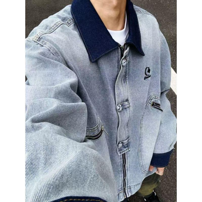 Collared Contrast Trim Embroidered Washed Zip-Up Denim Jacket Product Image