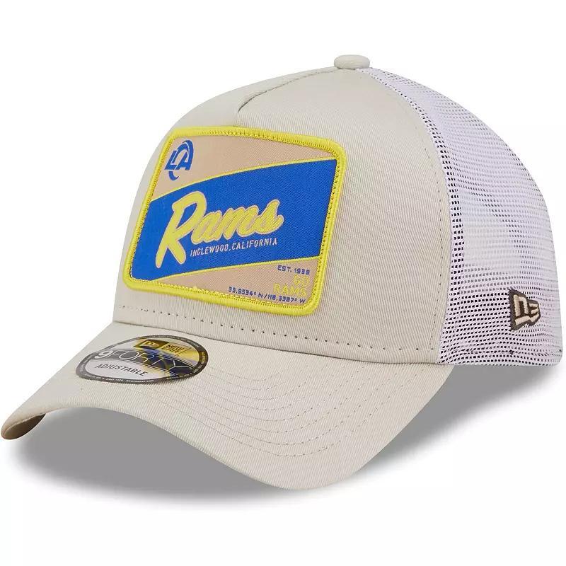 Mens New Era Khaki Distressed Los Angeles Rams Happy Camper A-Frame Trucker 9FORTY Snapback Hat - Khaki Product Image