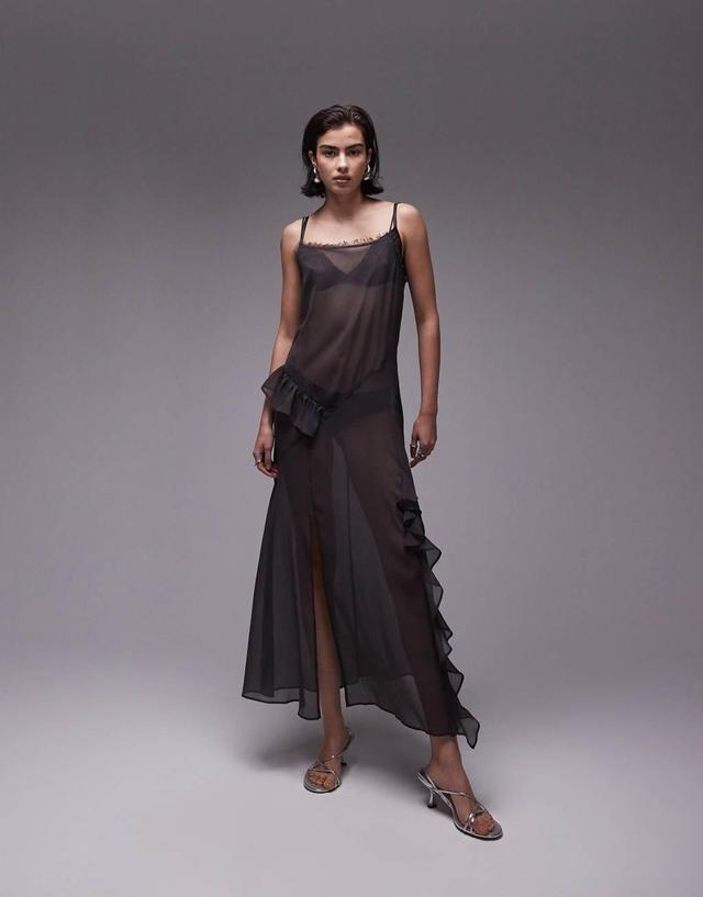 Topshop maxi sheer dress with frills in charcoal gray Product Image