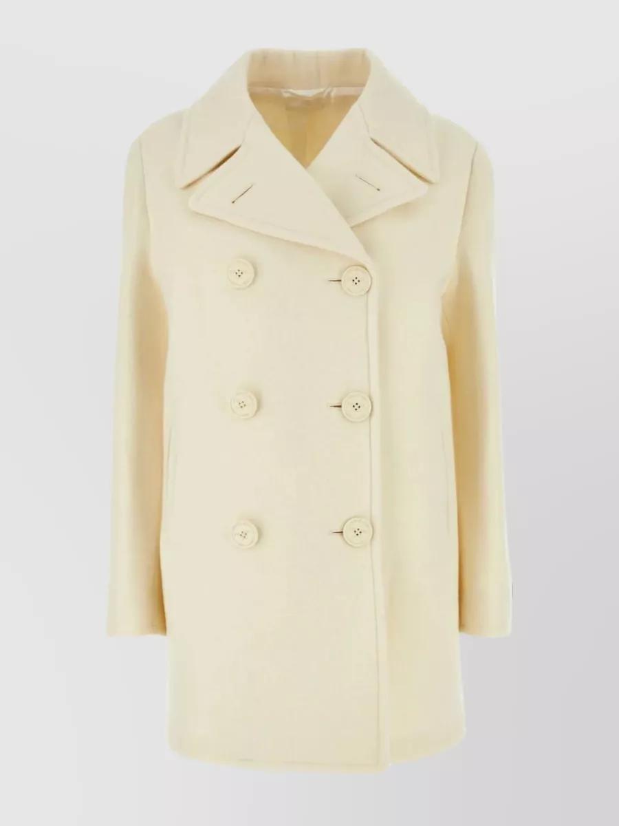 Back Slit Double-breasted Wool Blend Coat In Cream Product Image