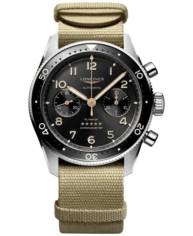 Longines Mens Swiss Automatic Chronograph Spirit Flyback Beige Nato Strap Watch 42mm - Black Product Image