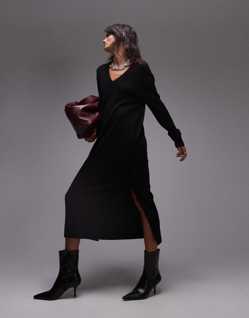 ARKET oversized knit midaxi dress with side splits in black product image