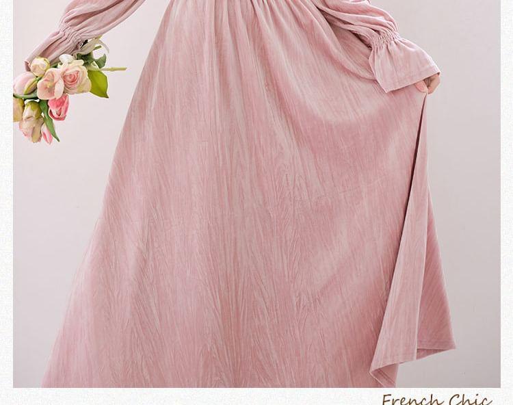 Long-Sleeve U-Neck Velvet Midi A-Line Dress Product Image