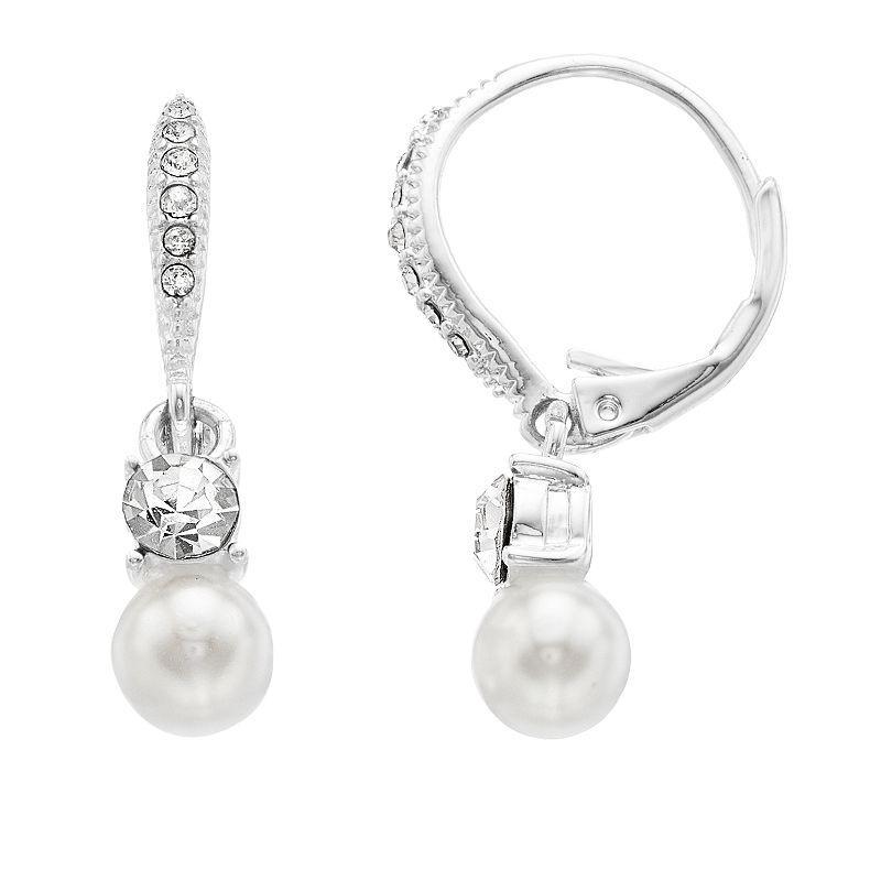 Silver Tone Simulated Stone & Pearl Detail Drop Earrings, Womens, White product image