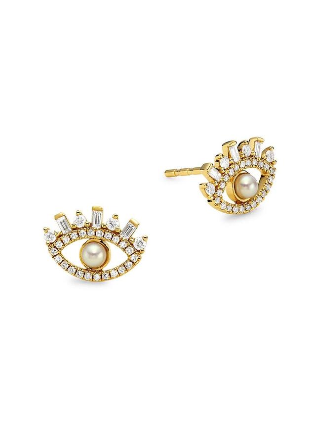 Womens 14K Yellow Gold, Cultured Freshwater Pearl & 0.31 TCW Diamond Evil Eye Stud Earrings Product Image