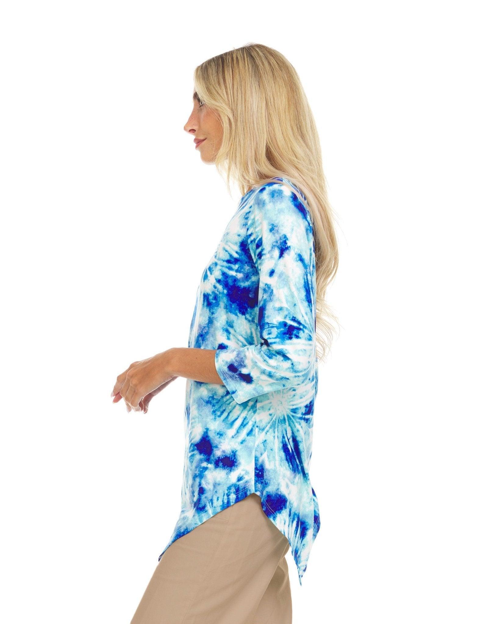 Blue / Ivory Tye Dye 3/4 Sleeeve Asymetrical Hem Top Product Image