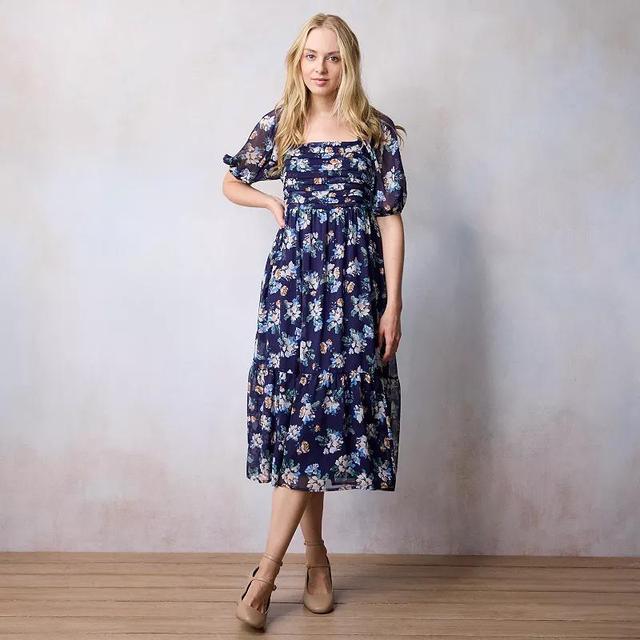 Womens LC Lauren Conrad Squareneck Pleated Bodice Midi Dress Blue Blooming Product Image