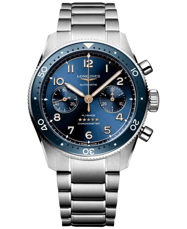 Longines Mens Swiss Automatic Chronograph Spirit Flyback Stainless Steel Bracelet Watch 42mm - Silver And Blue Ceramic Bezel Product Image