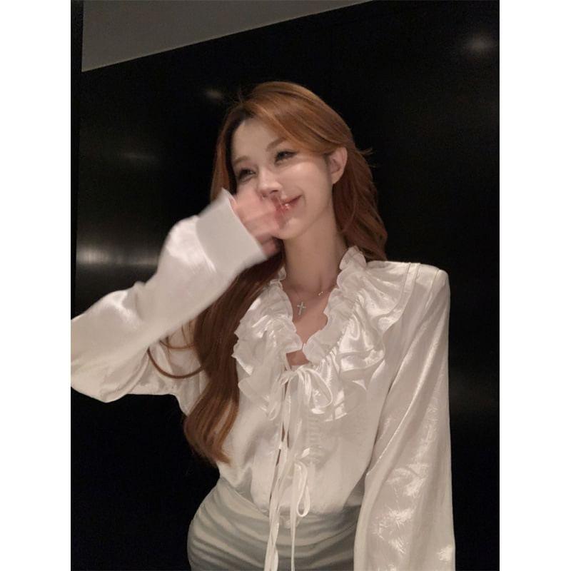 Puff-Sleeve Satin Ruffled Blouse Product Image