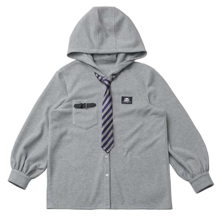 Long Sleeve Applique Hood Buckled Button Top with Necktie Product Image