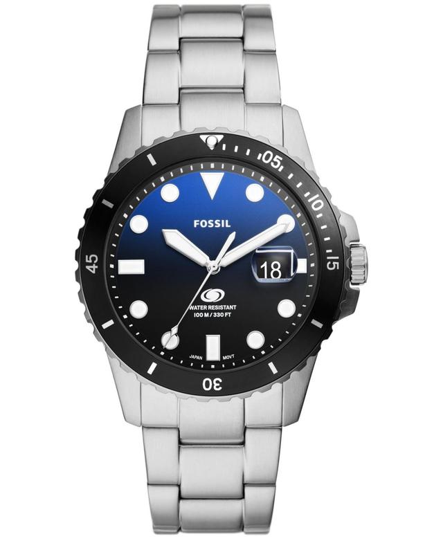 Fossil Mens Blue Dive Three-Hand Date Silver-Tone Stainless Steel Watch 42mm - Silver-Tone Product Image