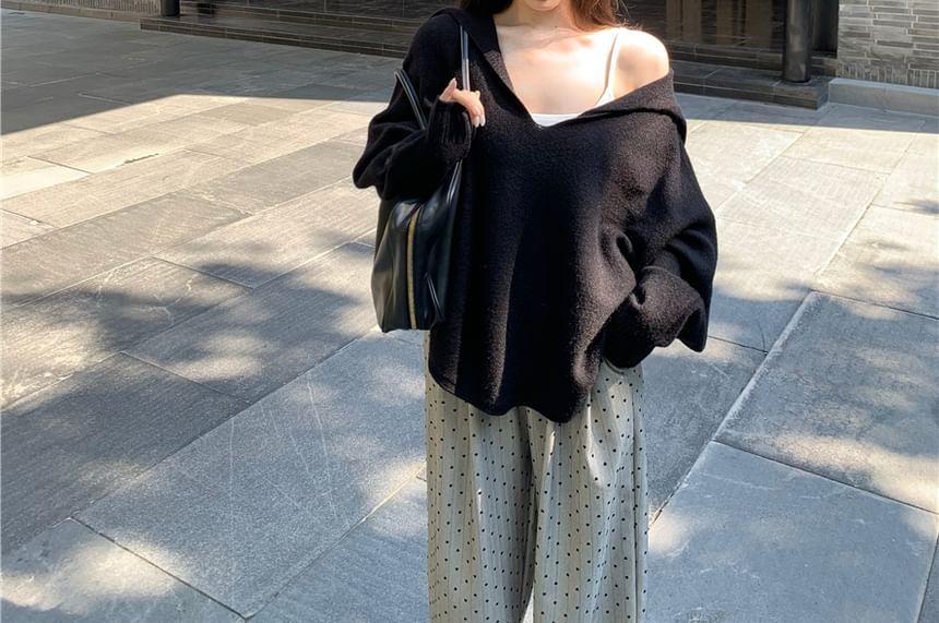 V-Neck Plain Hooded Sweater / Elastic Waist Heart Print Wide Leg Pants Product Image