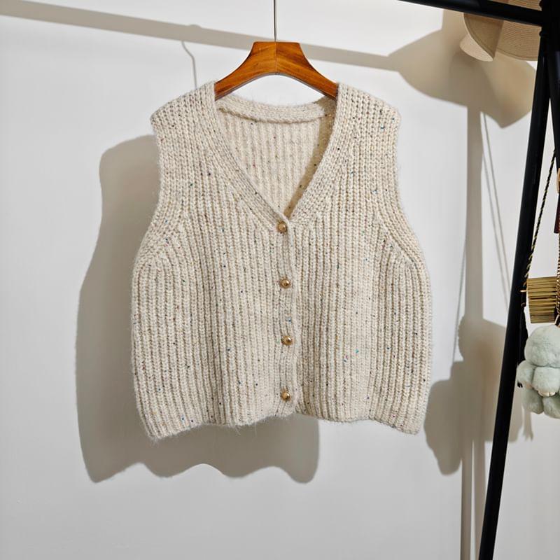 V-Neck Melange Button Sweater Vest Product Image