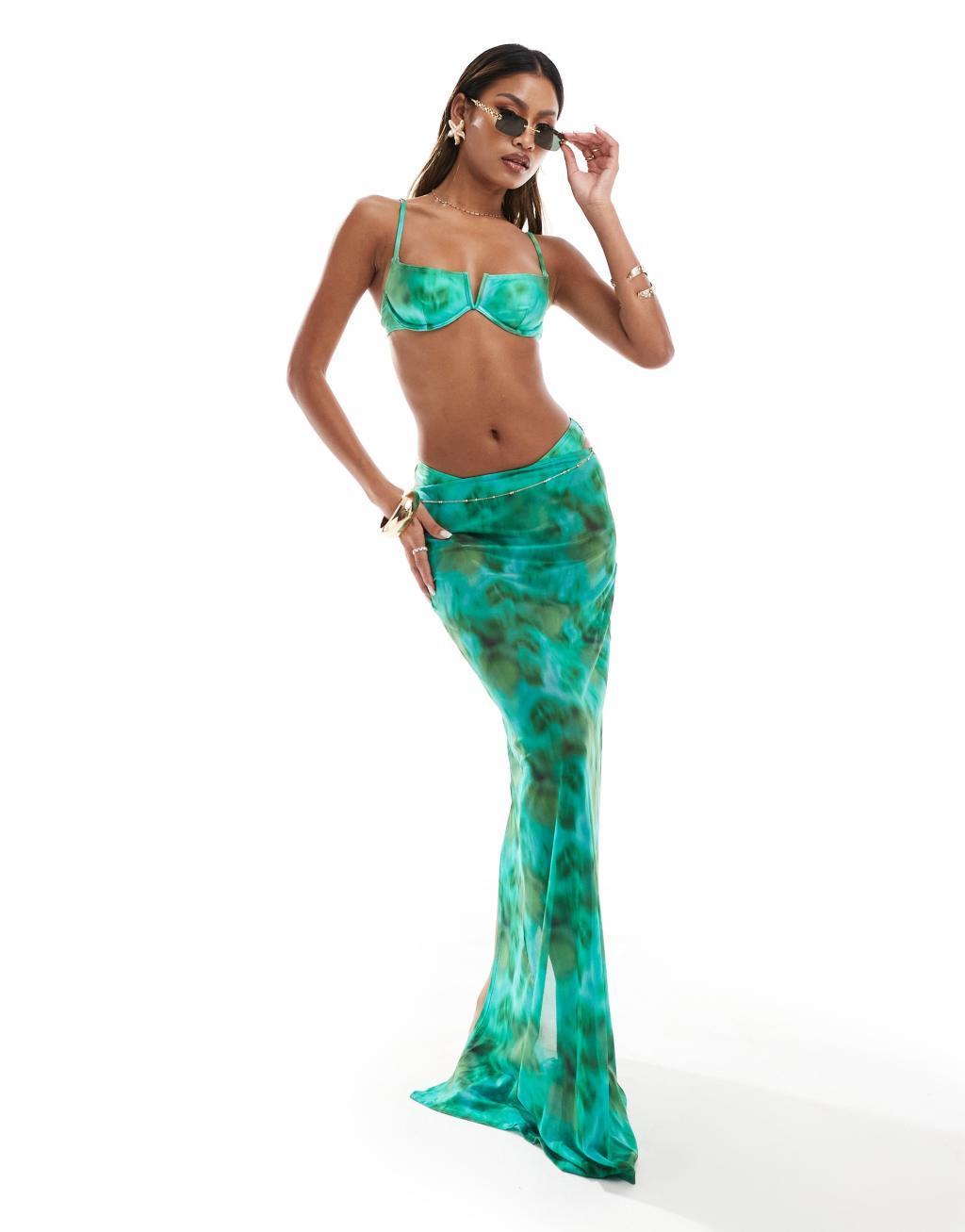 South Beach abstract print mesh maxi beach skirt in green Product Image