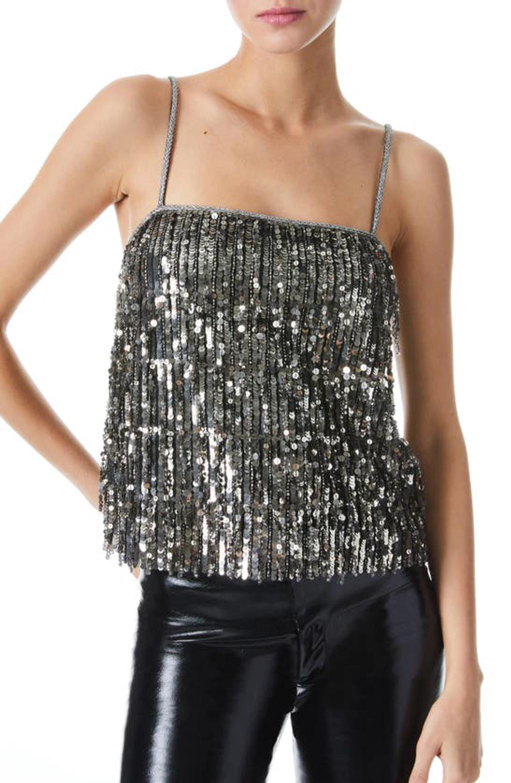 Chi Sequin Fringe Tank Top In Gunmetal Product Image