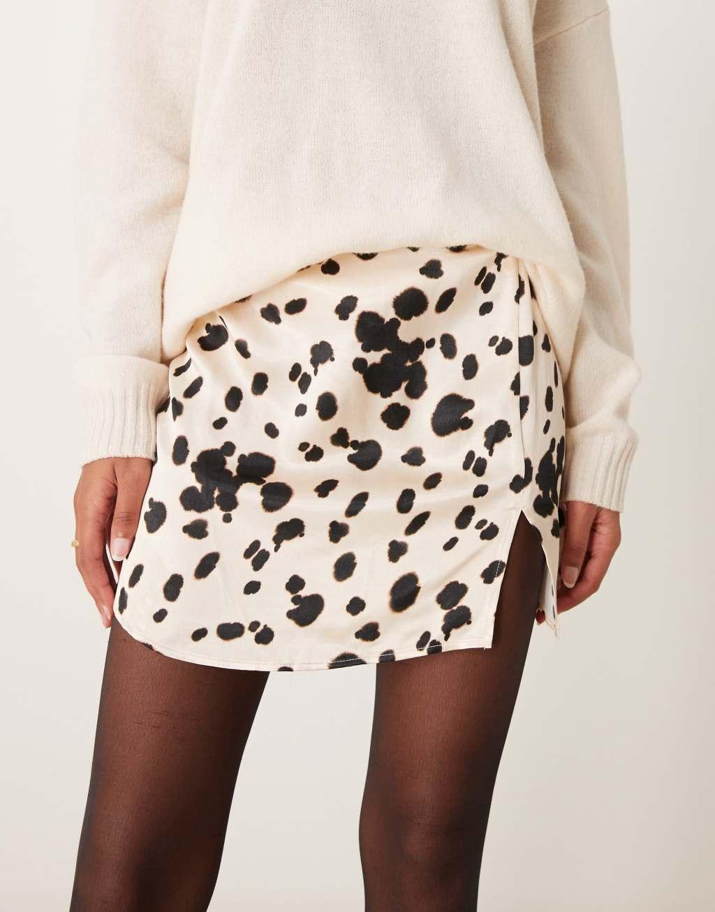 Miss Selfridge satin split hem mini skirt in smudge polka dot Product Image