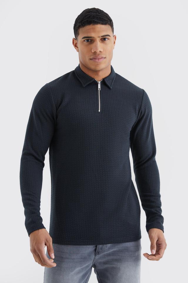 Mens Black Long Sleeve Slim Cable Textured Polo, Black Product Image