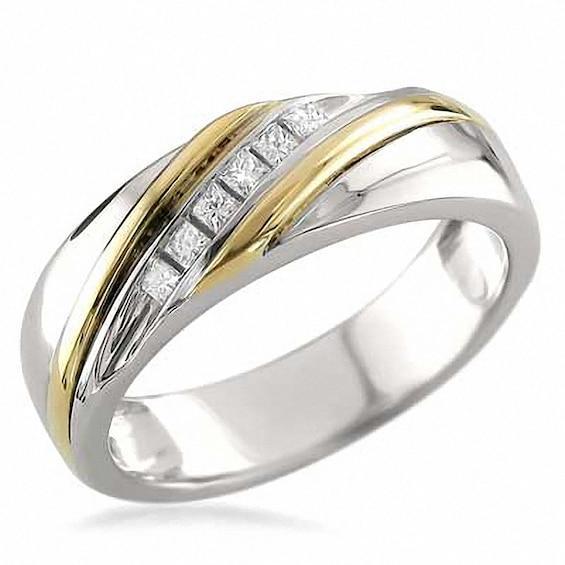 Men's 1/5 CT. T.w. Square-Cut Diamond Slant Band in 14K Two-Tone Gold Product Image