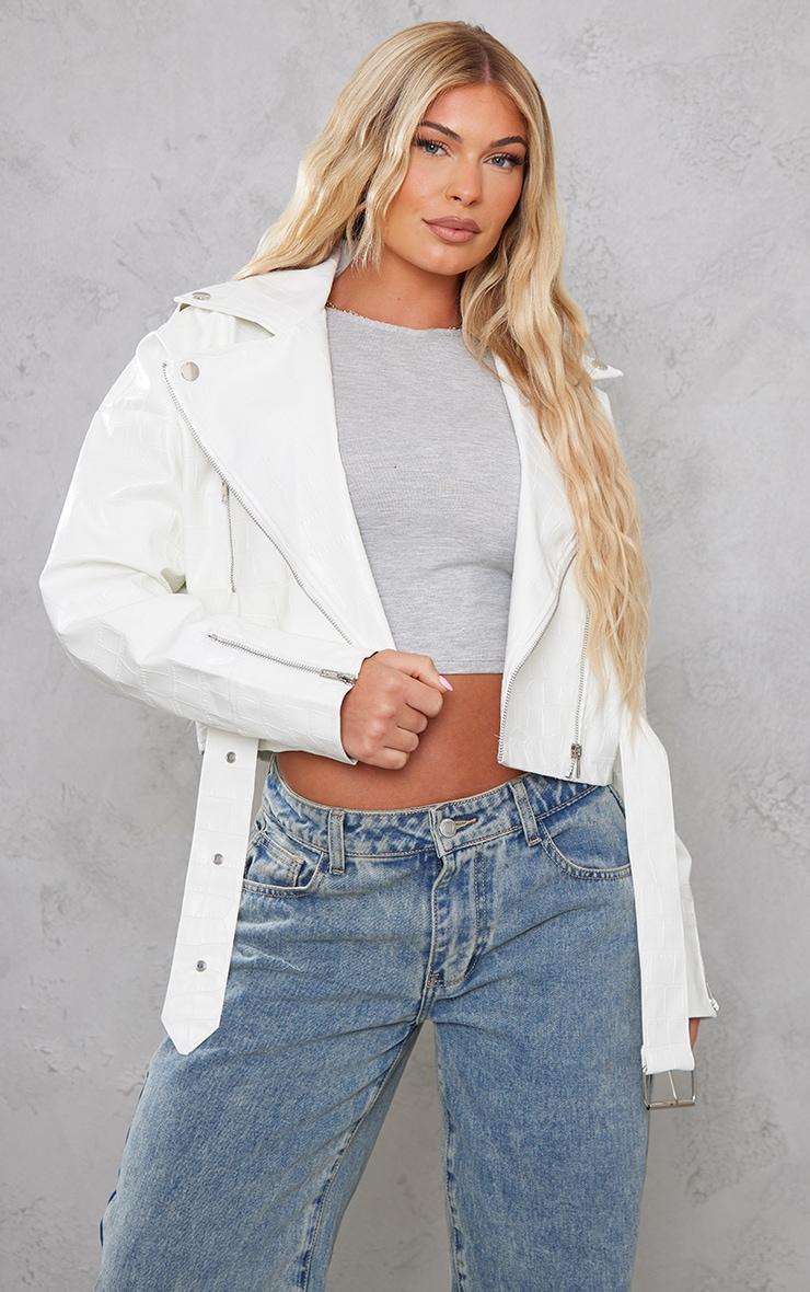 White Croc Faux Leather Oversized Biker Jacket Product Image