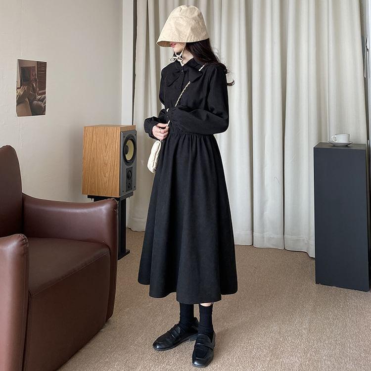 Long-Sleeve Stand Collar Plain Bow Accent Half-Buttoned Midi A-Line Dress Product Image