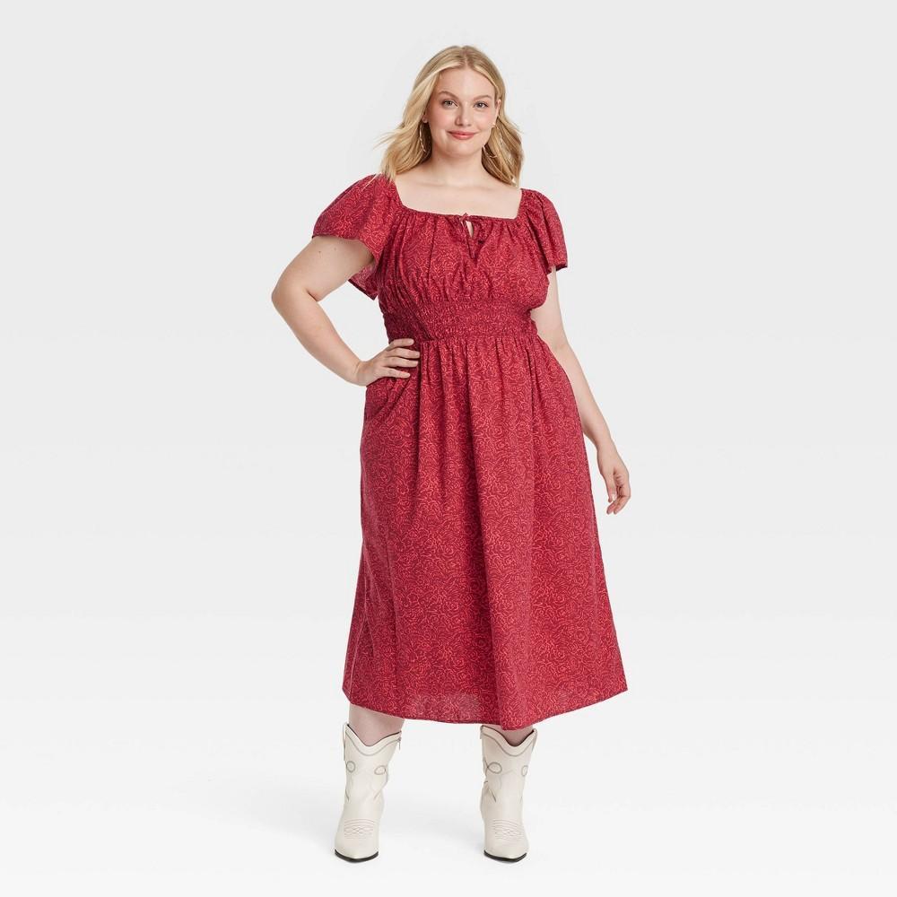 Womens Smocked Flutter Sleeve Midi A-Line Dress - Universal Thread Red Floral 2X Product Image