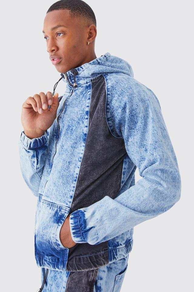 Tall Acid Wash Denim Zip Through Hoodie | boohooMAN USA Product Image