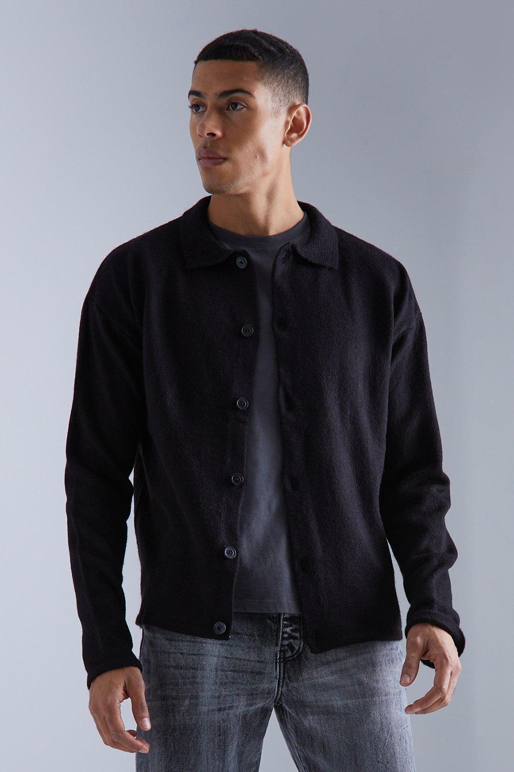 Mens Black Long Sleeve Knitted Shirt, Black Product Image