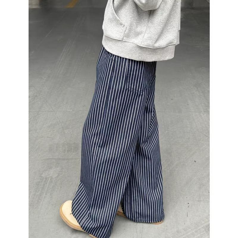 Mid Rise Striped Washed Wide Leg Jeans Product Image