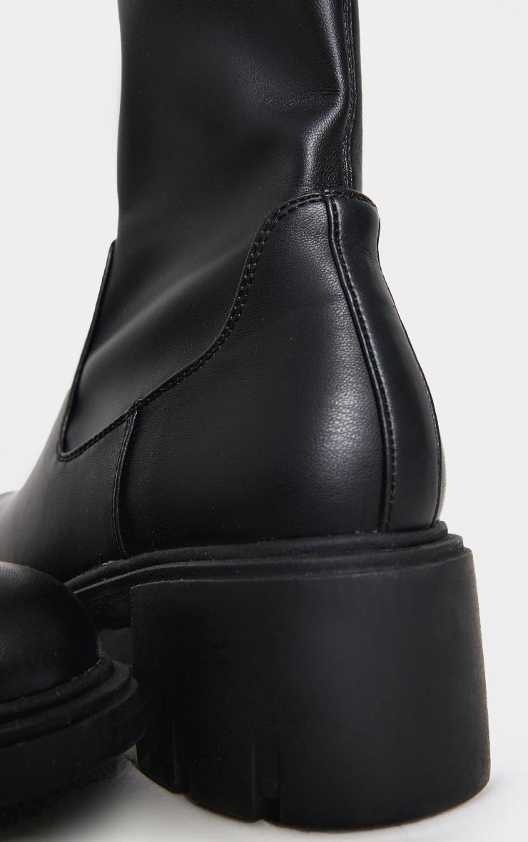 Black PU Round Toe Chunky Sole Sock Boots Product Image