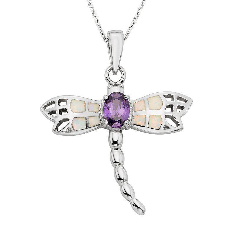 Lab-Created Opal & Cubic Zirconia Sterling Silver Dragonfly Pendant Necklace, Womens Purple Product Image