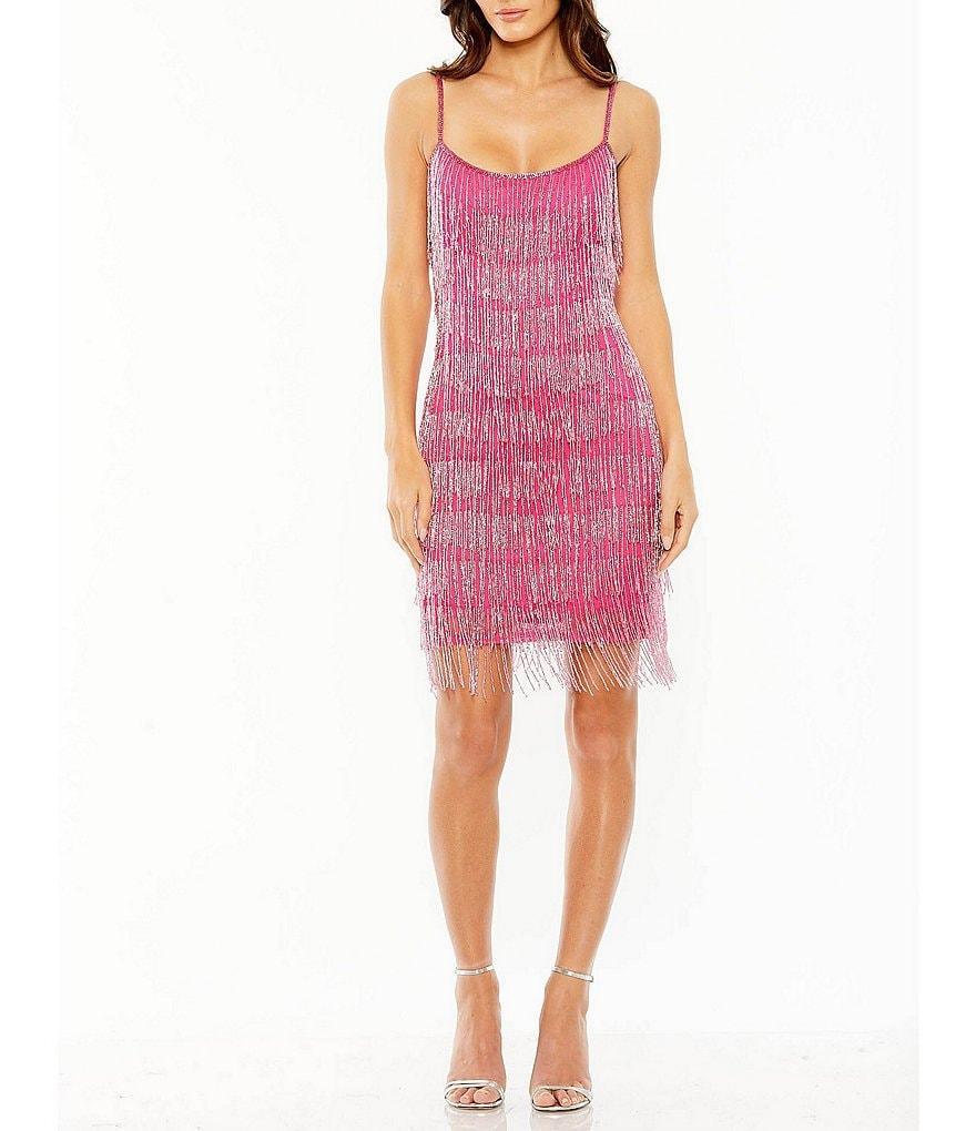 Mac Duggal Scoop Neck Beaded Fringe Mini Dress Product Image