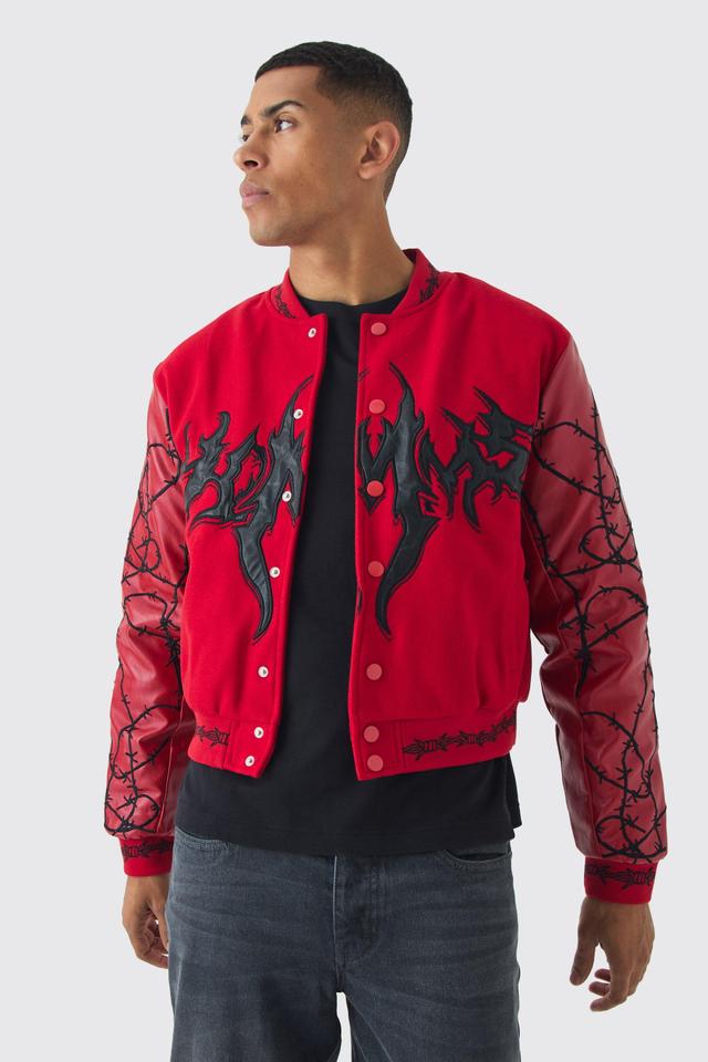 Boxy Homme Embroidered Sleeve Varsity Jacket | boohooMAN USA Product Image