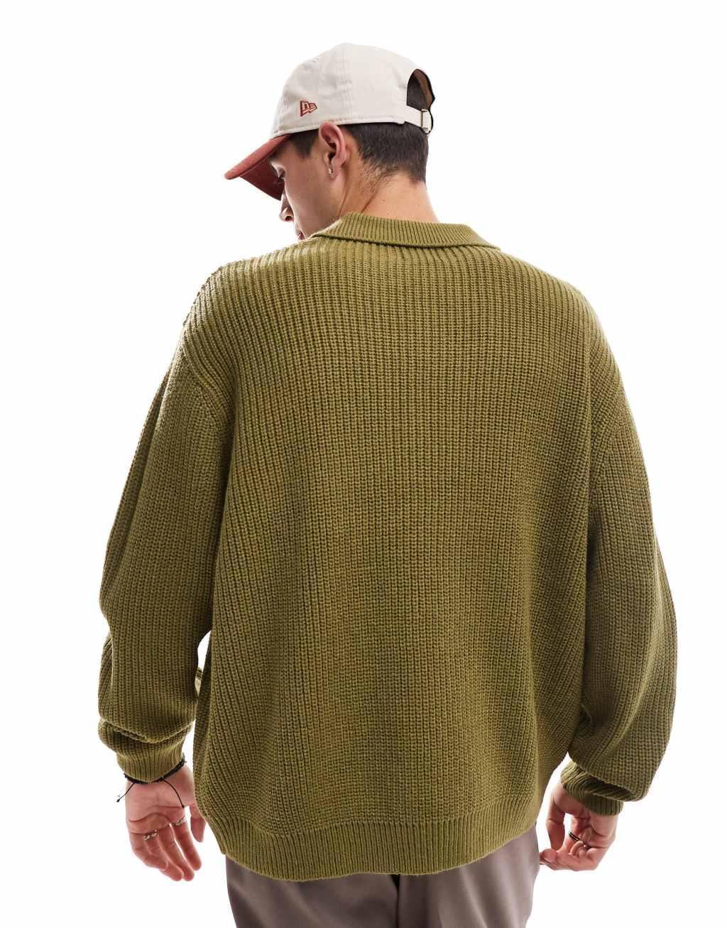 ASOS DESIGN knitted oversized fisherman rib notch neck sweater in khaki Product Image