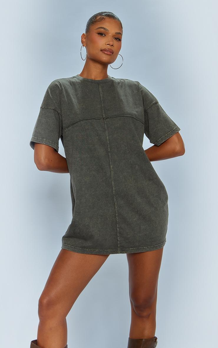 Khaki Acid Wash Long Sleeve Exposed Seam T Shirt Dress Product Image