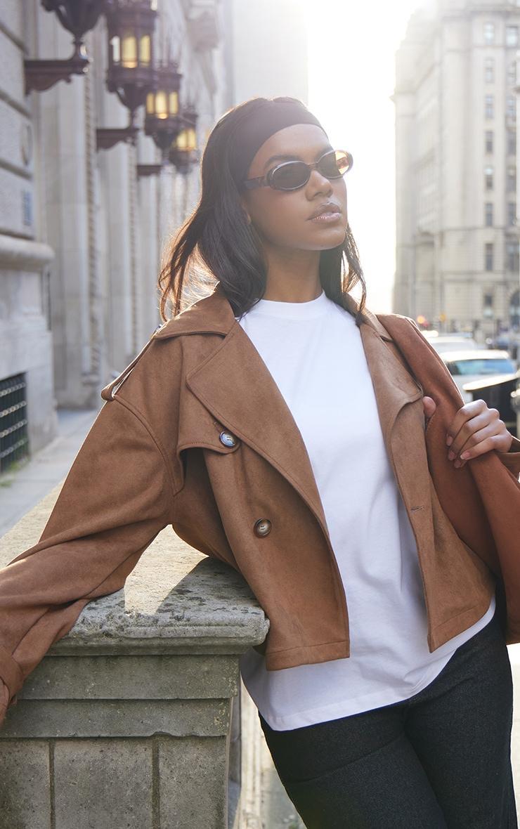 Brown Faux Suede Double Breasted Cropped Trench Coat product image