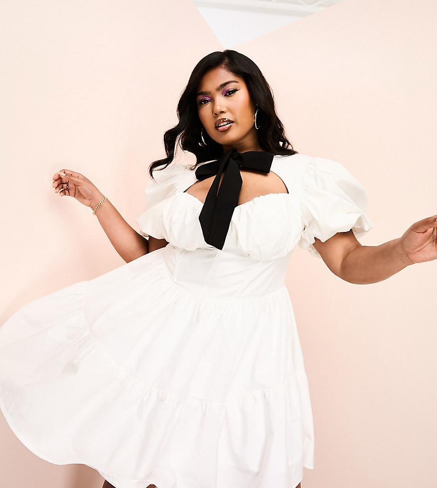 ASOS LUXE Curve corseted cotton poplin mini dress with contrast velvet pussybow and puff sleeve in white Product Image