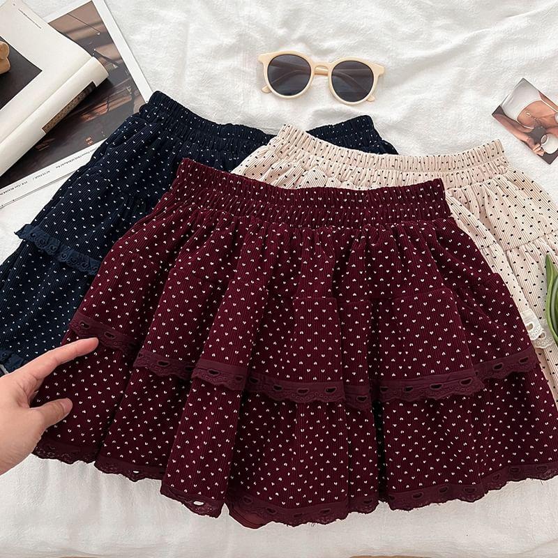 High Rise Polka Dot Ruffle Trim Mini A-Line Skirt Product Image