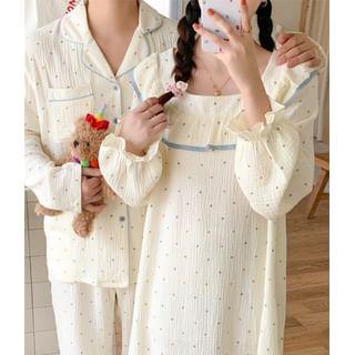 Couple Matching Long-Sleeve Dotted Button Pajama Top / Pants / Square Neck Midi Sleep Dress / Set Product Image