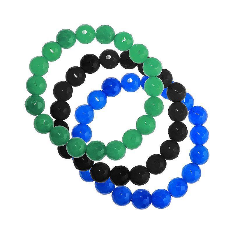 Green Blue Black Faceted Agate Stretchy 3-piece Bracelet Set, Womens Silver Tone Product Image