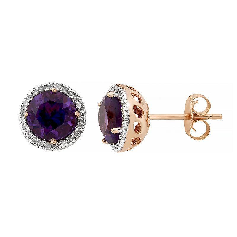 Amethyst 10K Gold and 1/8 Carat T.W. Diamond Round-Cut Halo Stud Earrings, Womens, White Product Image