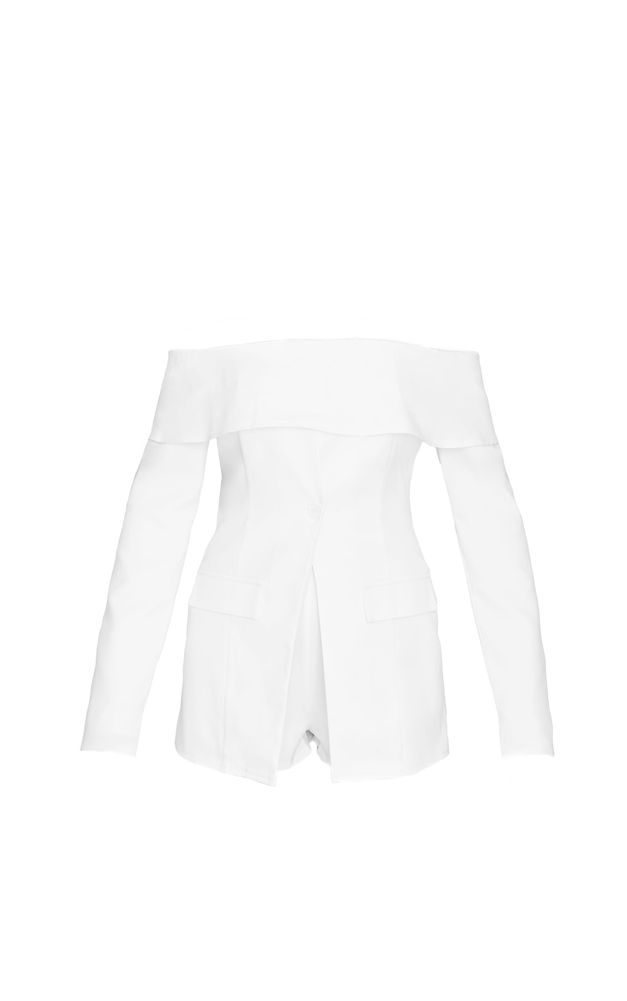 White Tailored Off The Shoulder Long Sleeve Romper Product Image