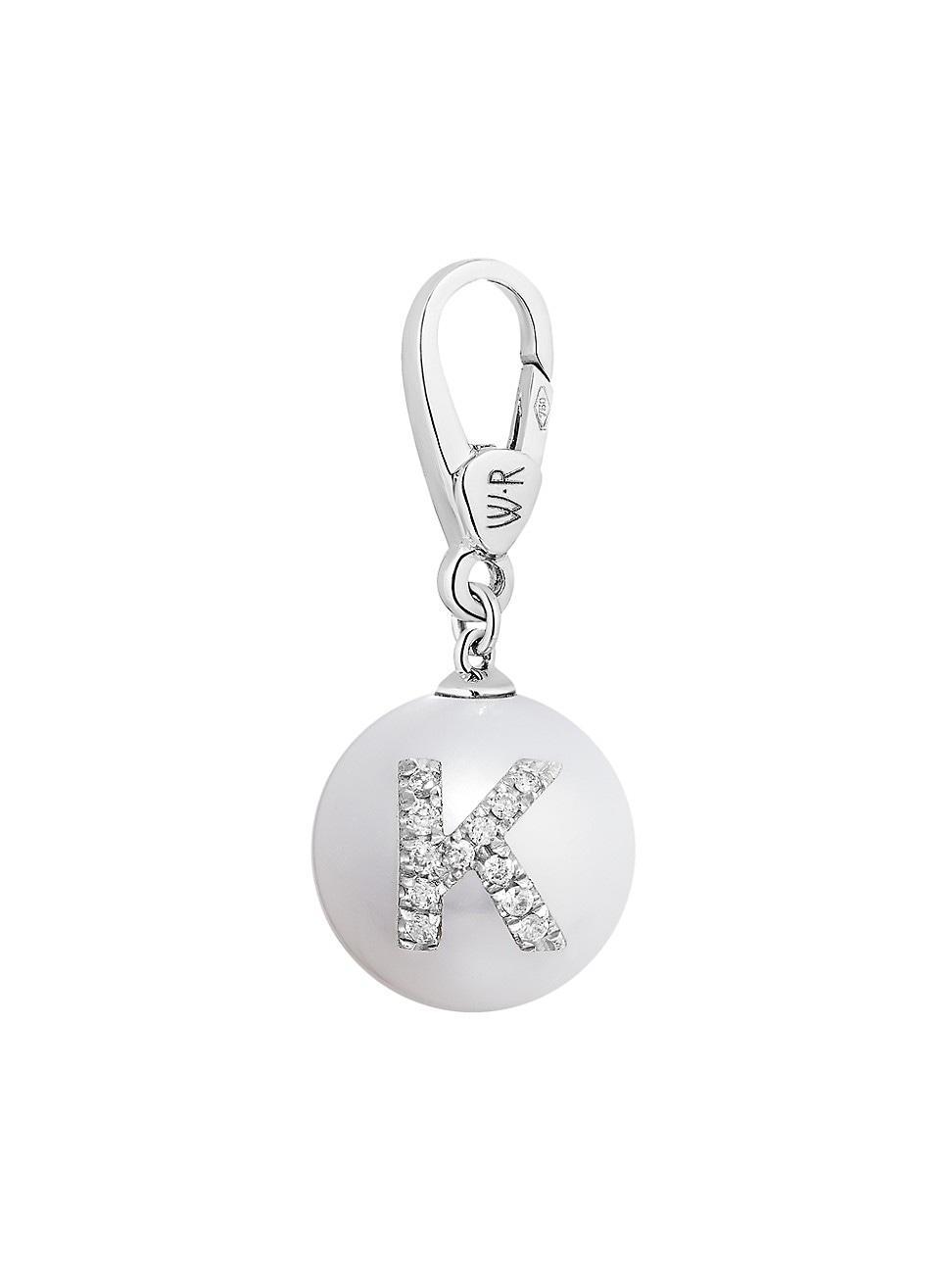 Womens Pearl ID 18K White Gold, 11.5-12MM Pearl & Diamond Pav Carved K Initial Charm Product Image