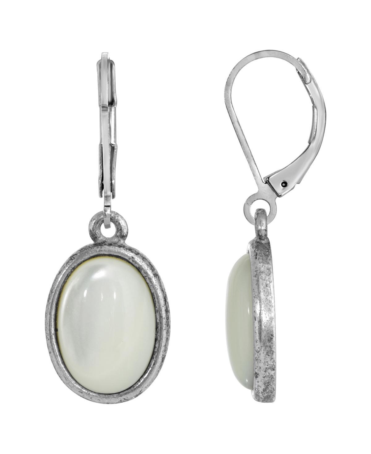 1928 Silver Tone Stone Oval Drop Earrings, Womens, White Product Image