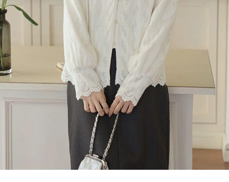 Long-Sleeve Round Neck Frill Trim Frog Button Blouse Product Image